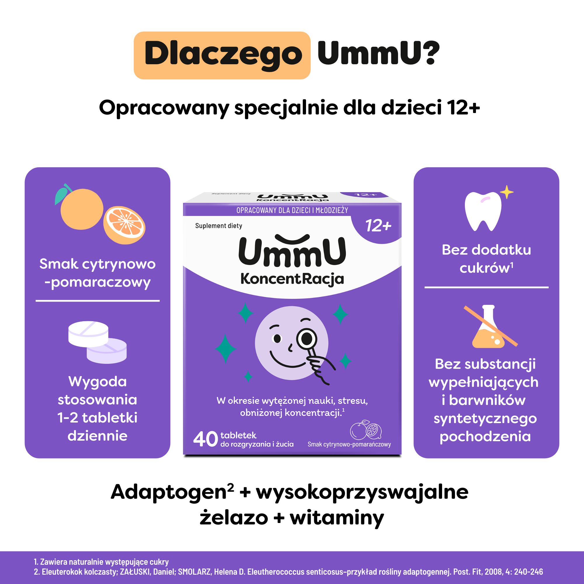 UmmU Koncetracja 12+, tabletki do rozgryzania, 40 sztuk 