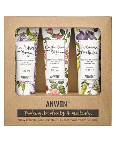 Anwen Zestaw odżywek do włosów o wysokiej porowatości Nawilżający Bez - 100 ml + Emolientowa Róża - 100 ml + Proteinowa Orchidea - 100 ml - cena, opinie, właściwości zdjęcie