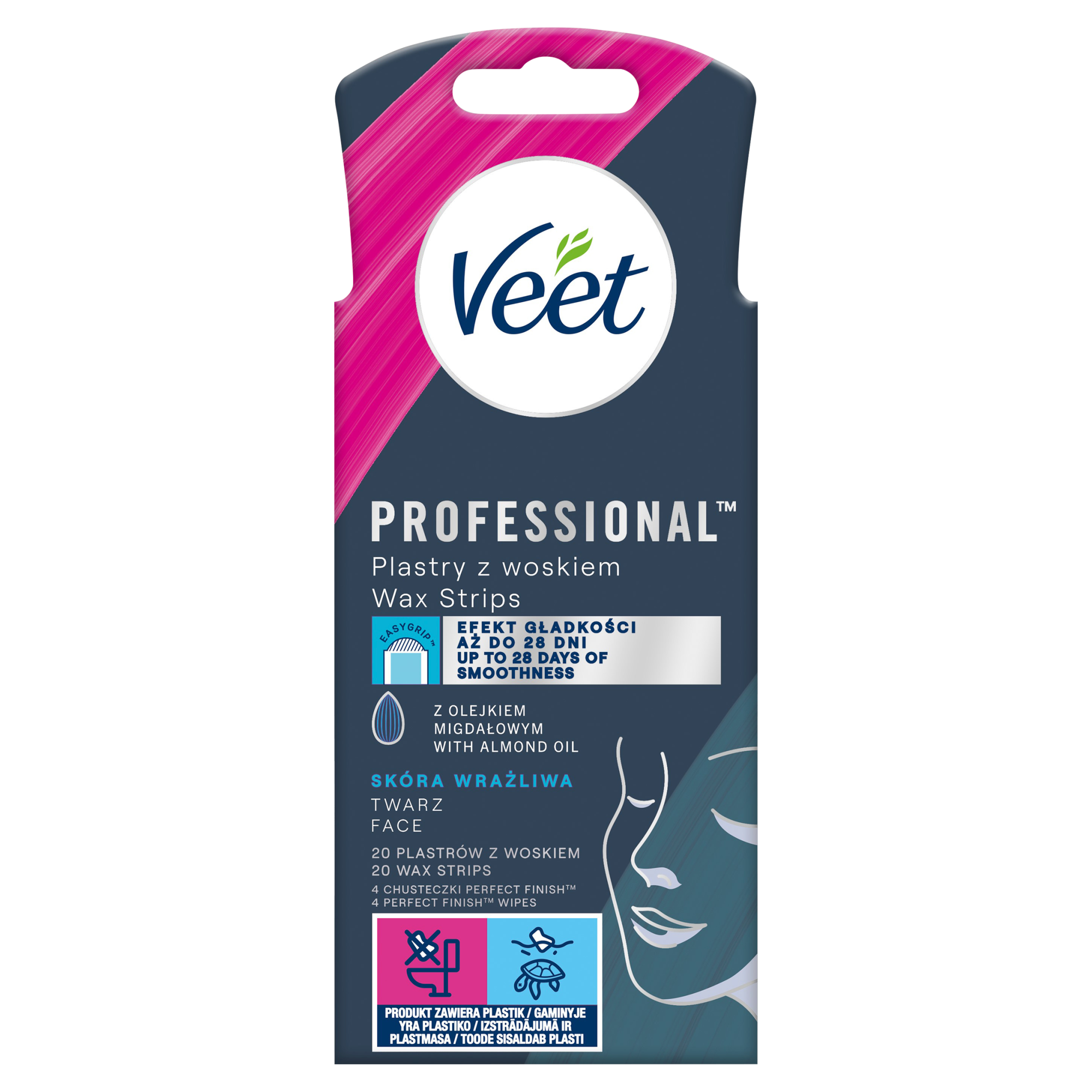 Veet Plastry z woskiem do depilacji twarzy dla skóry wrażliwej, 20 sztuk