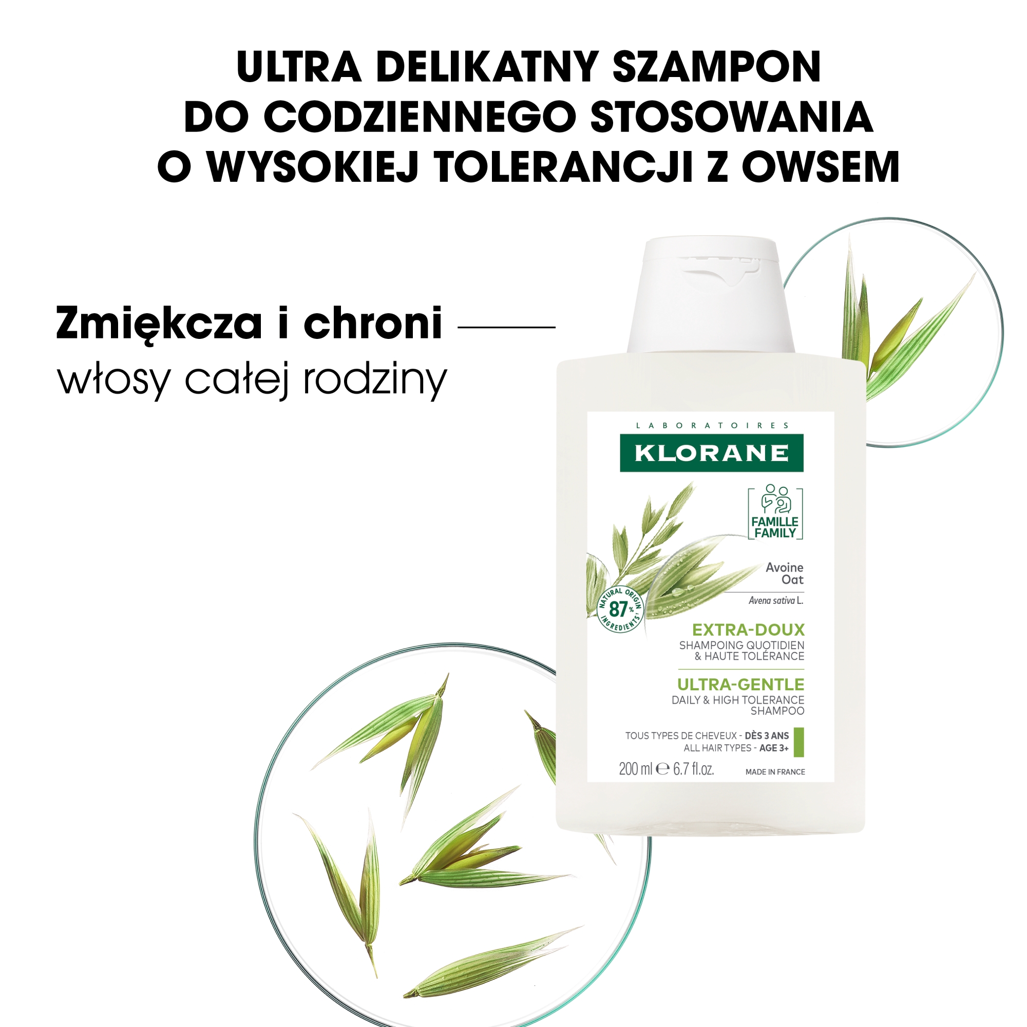 Klorane Szampon z owsem do wszystkich rodzajów włosów, 200 ml