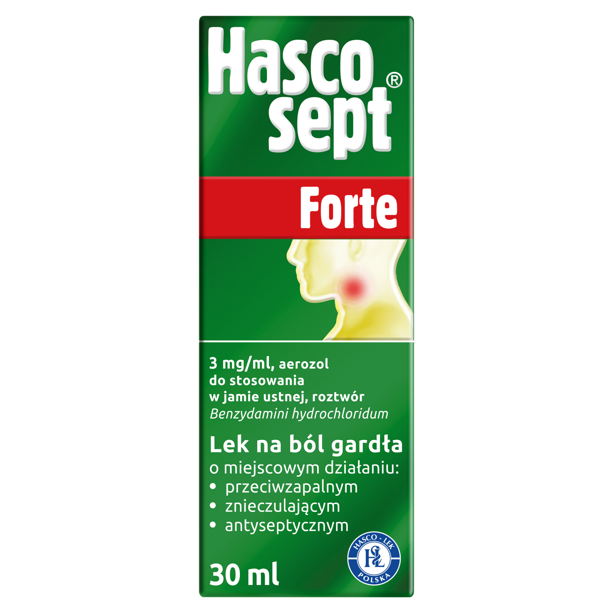 Hascosept Forte, 3 mg/ml, aerozol do stosowania w jamie ustnej, 30 ml zdjęcie
