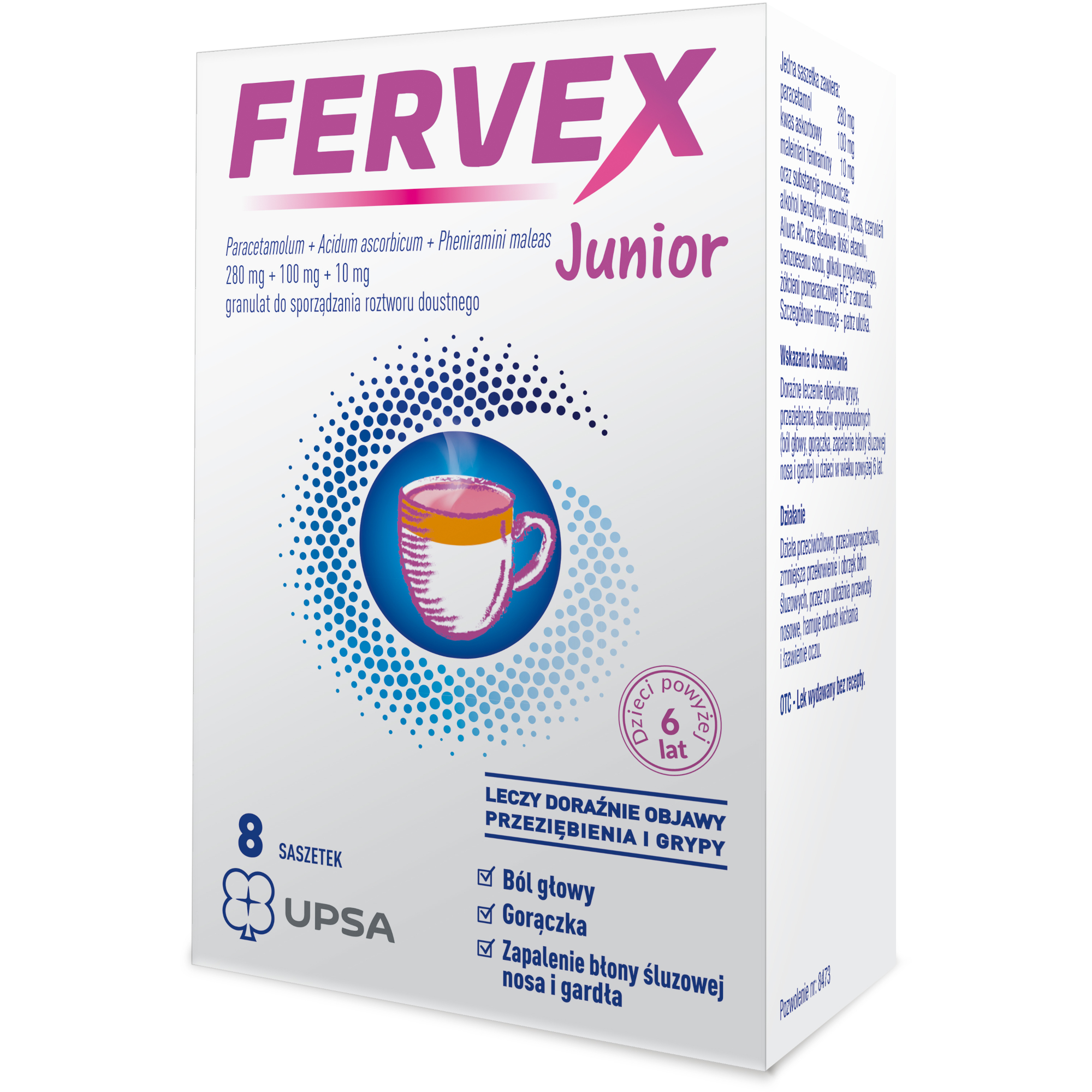 Fervex Junior, granulat bez cukru, 8 saszetek