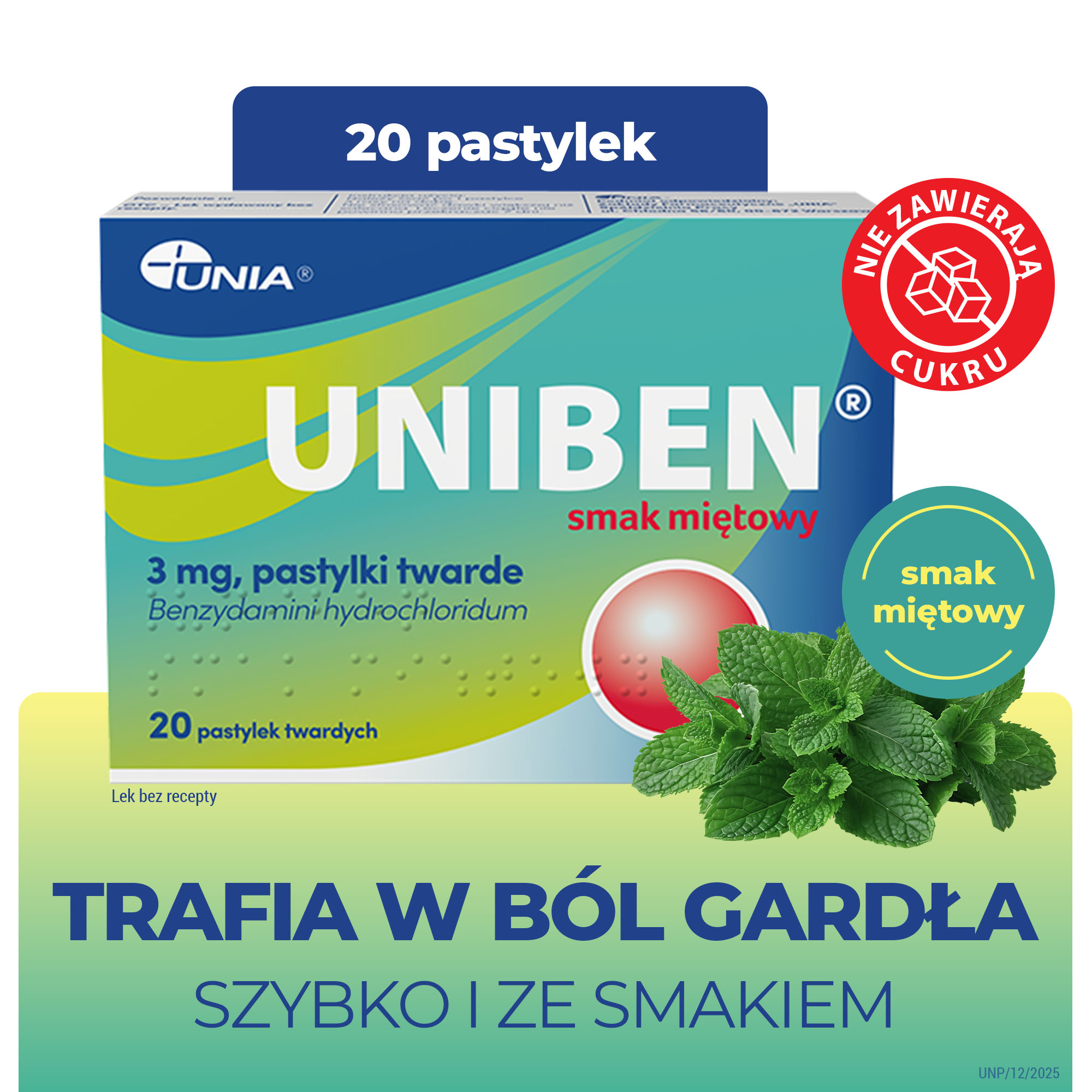 Uniben smak miętowy, 3 mg, pastylki twarde, 20 sztuk