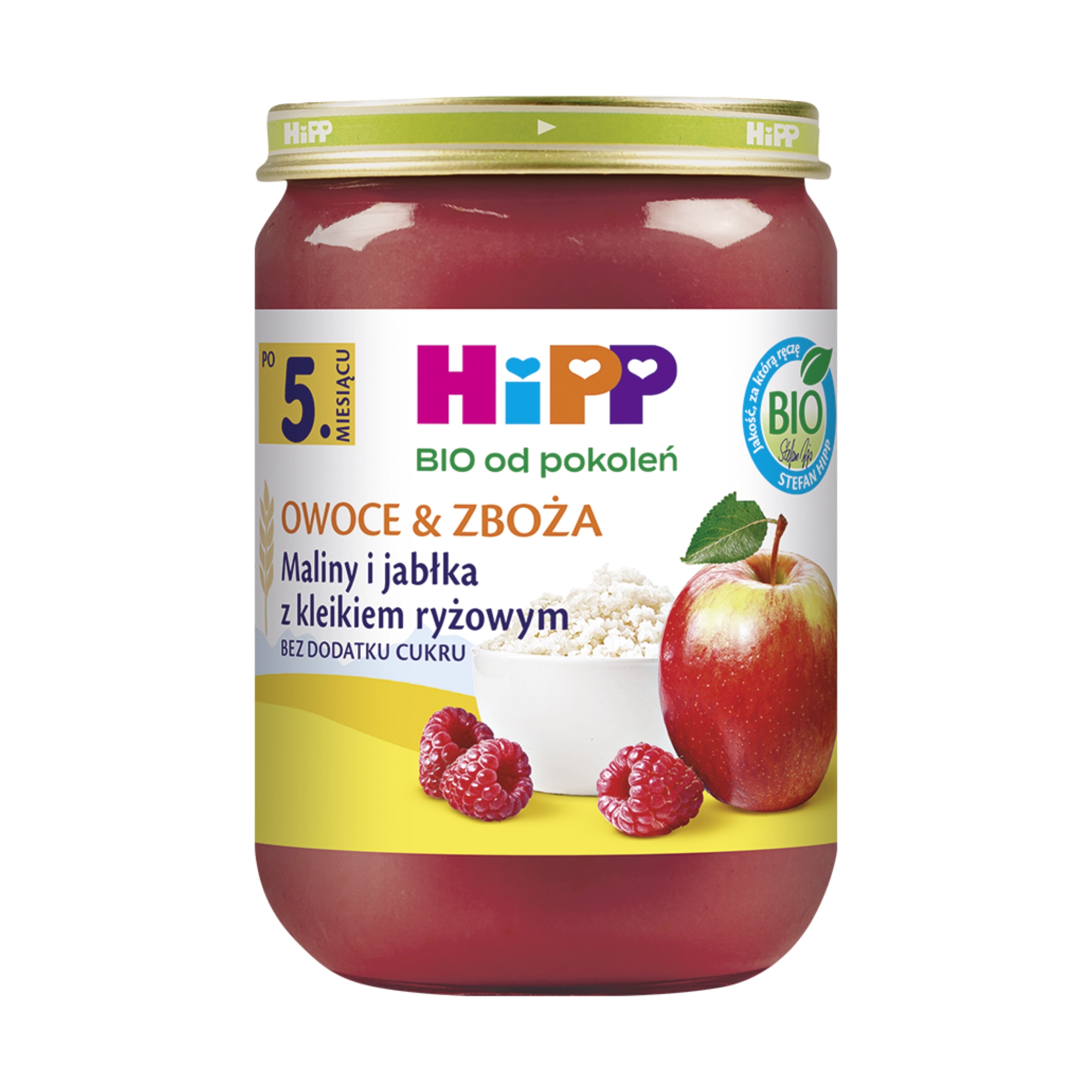 HiPP BIO od pokoleń, Maliny i jabłka z kleikiem ryżowym, po 5. miesiącu, 190 g zdjęcie