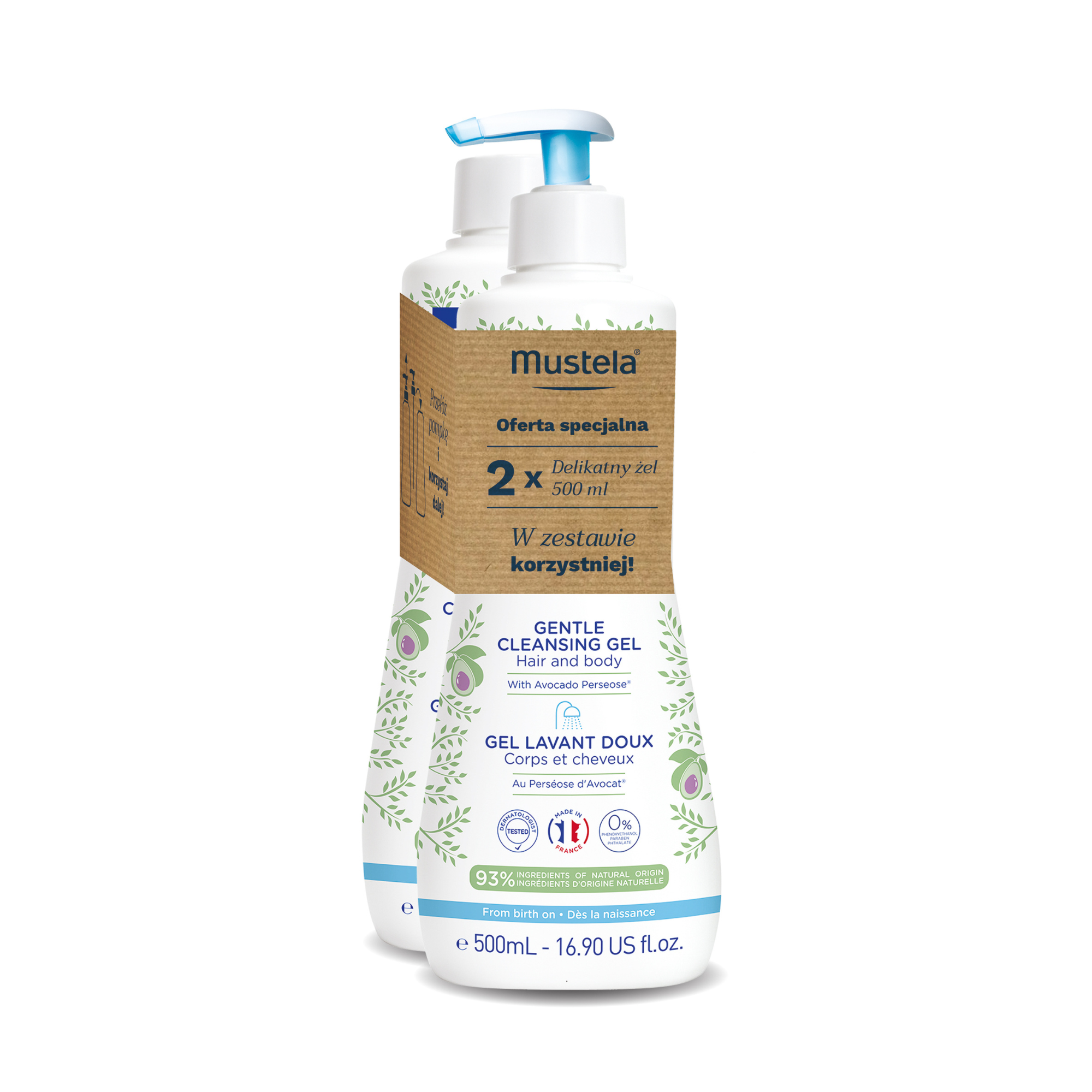 Mustela Duopak Delikatny żel do mycia, 2 x 500 ml