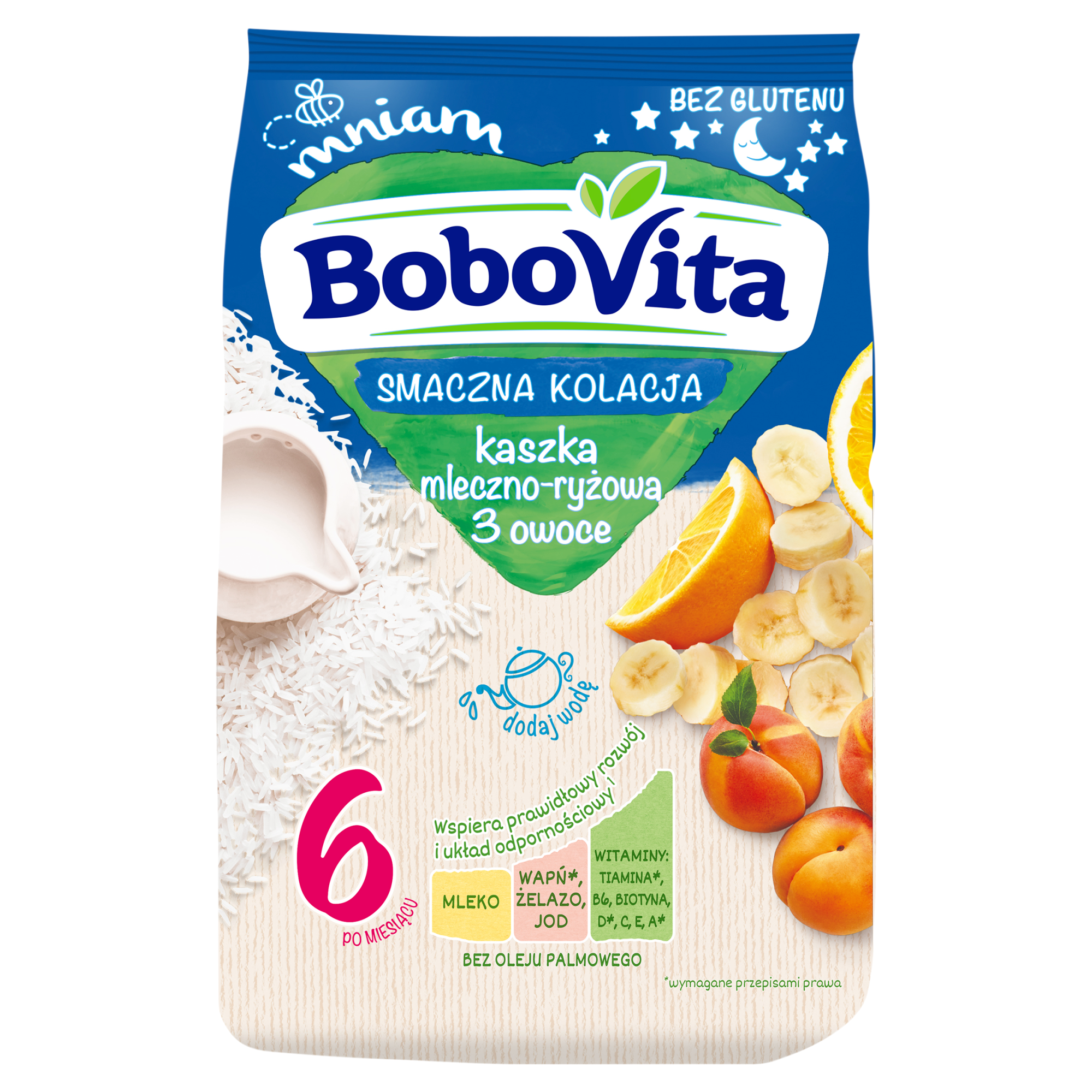 BoboVita Smaczna Kolacja Kaszka mleczno-­ryżowa 3 owoce po 6. miesiącu - 230 g - cena, opinie, właściwości zdjęcie