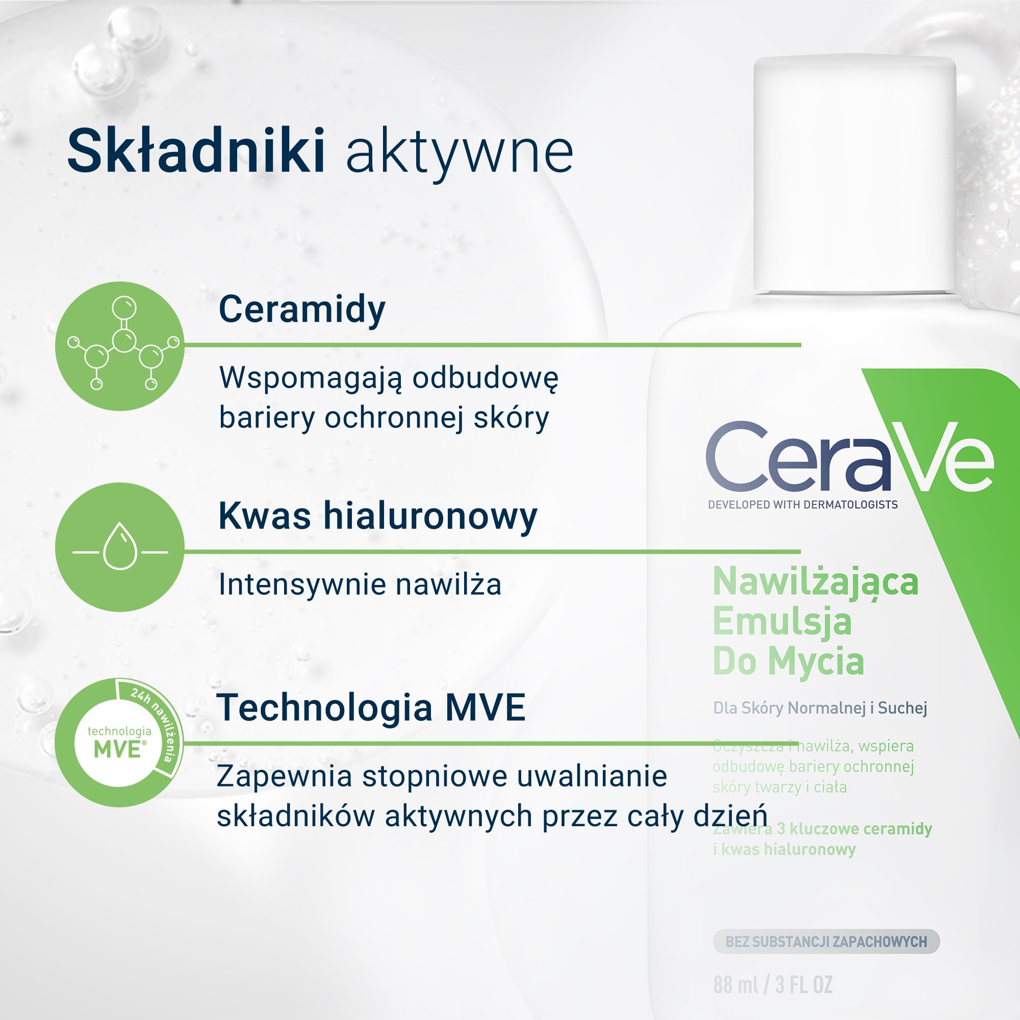 Cerave, Nawilżająca, emulsja do mycia z ceramidami dla skóry suchej i bardzo suchej, 88 ml