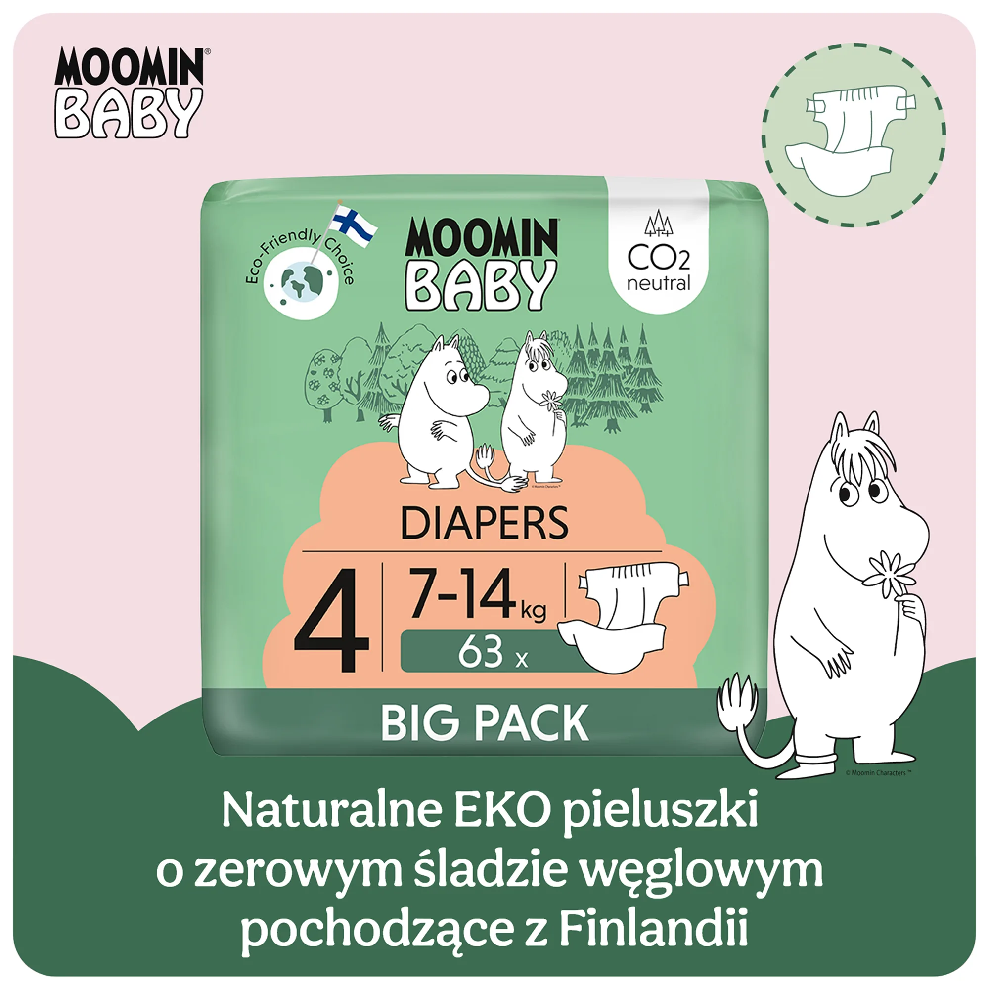 MOOMIN BABY Pieluszki ekologiczne 4 (7-14 kg) 63 sztuki