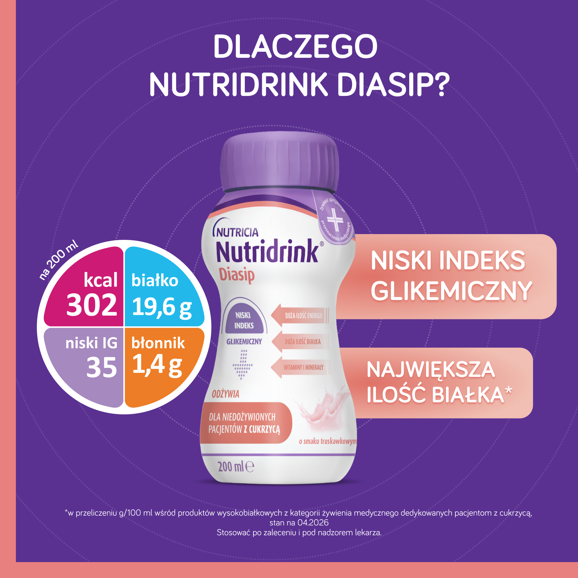 Nutridrink Diasip o smaku truskawkowym, płyn, 4 x 200 ml
