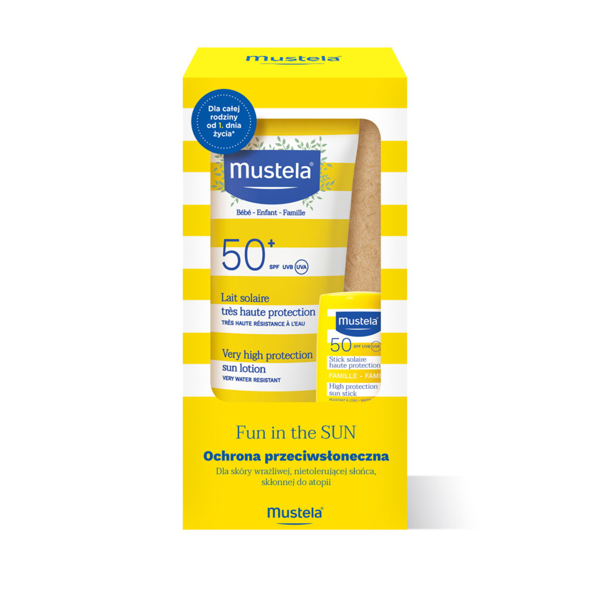 Mustela Fun In The Sun sztyft przeciwsłoneczny SPF 50 9 ml + mleczko przeciwsłoneczne SPF 50+ 100 ml [ZESTAW] zdjęcie
