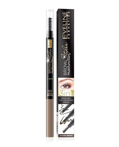 EVELINE COSMETICS BROW STYLER MULTIFUNCTION 3w1 kredka do brwi 02 DARK BROWN, 1 szt., cena, opinie, skład zdjęcie
