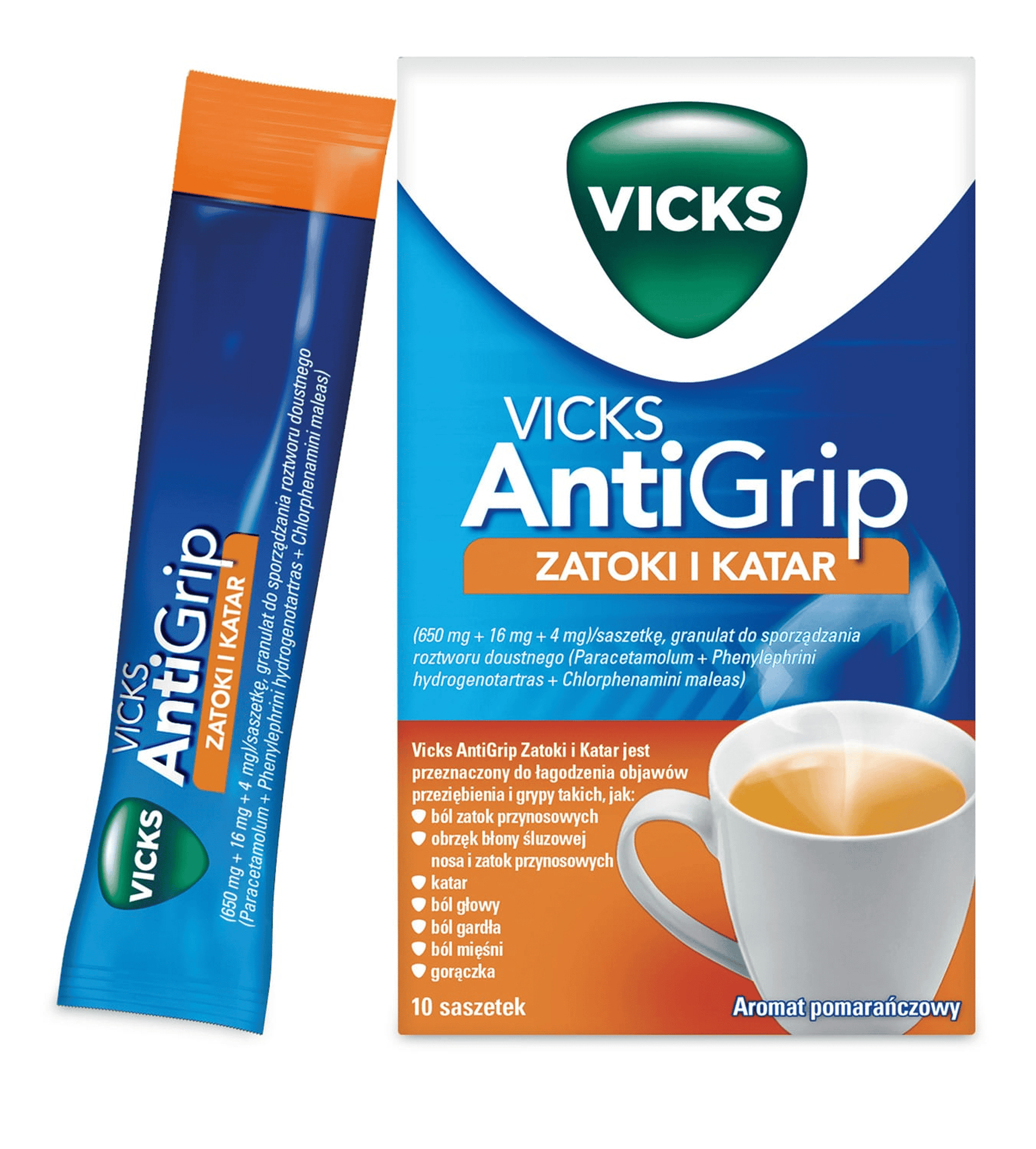 Vicks AntiGrip 650 mg + 16 mg + 4 mg o aromacie pomarańczowym 10 saszetek zdjęcie