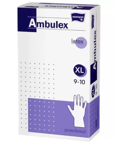 Matopat Ambulex rękawiczki ochronne lateksowe pudrowane rozmiar XL białe 100 sztuk zdjęcie