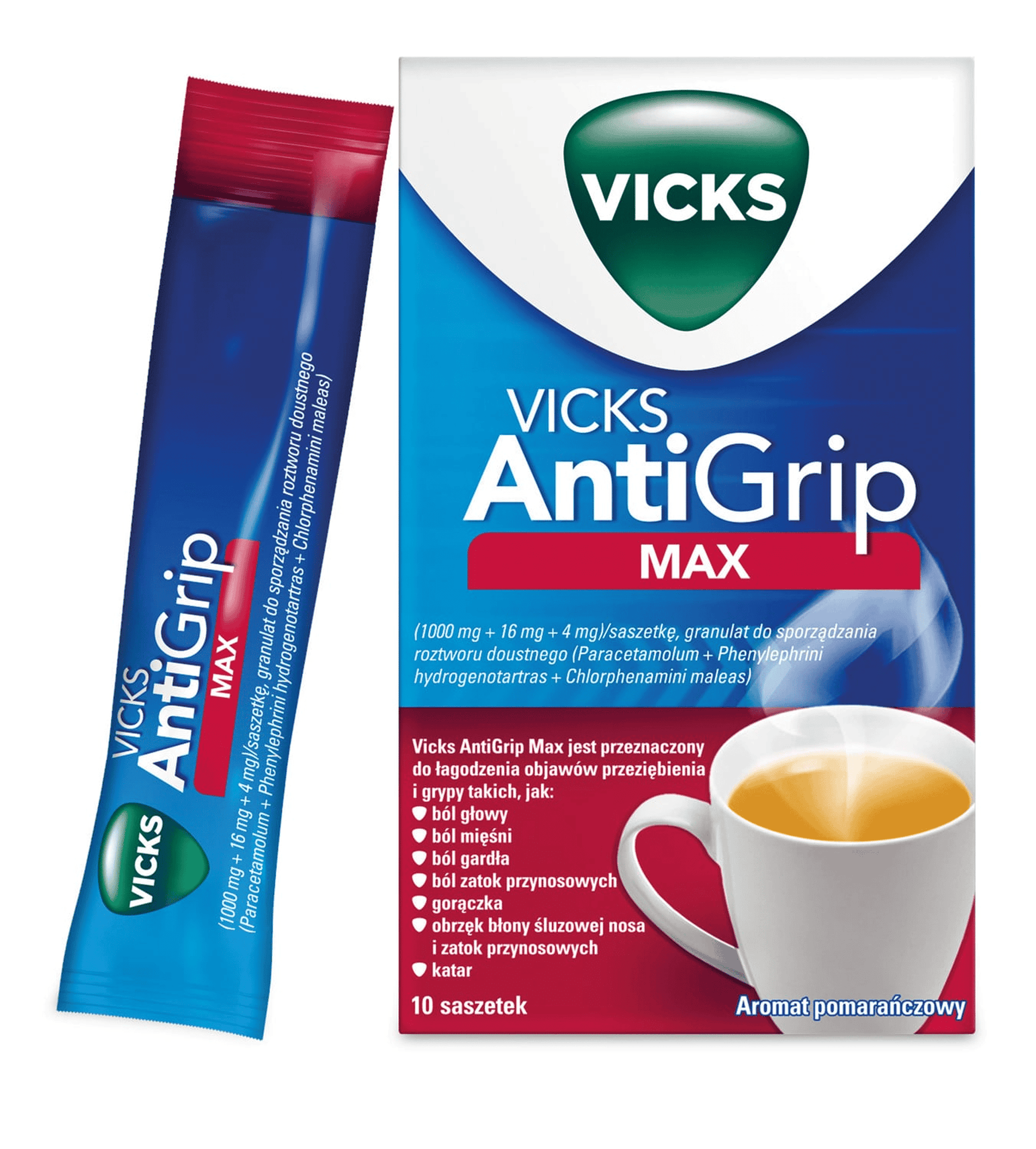 Vicks AntiGrip Max 1000 mg + 16 mg + 4 mg o aromacie pomarańczowym 10 saszetek zdjęcie