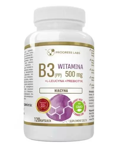 Progress Labs Witamina B3 (PP) 500 mg + L-leucyna + Prebiotyk 120 kapsułek zdjęcie