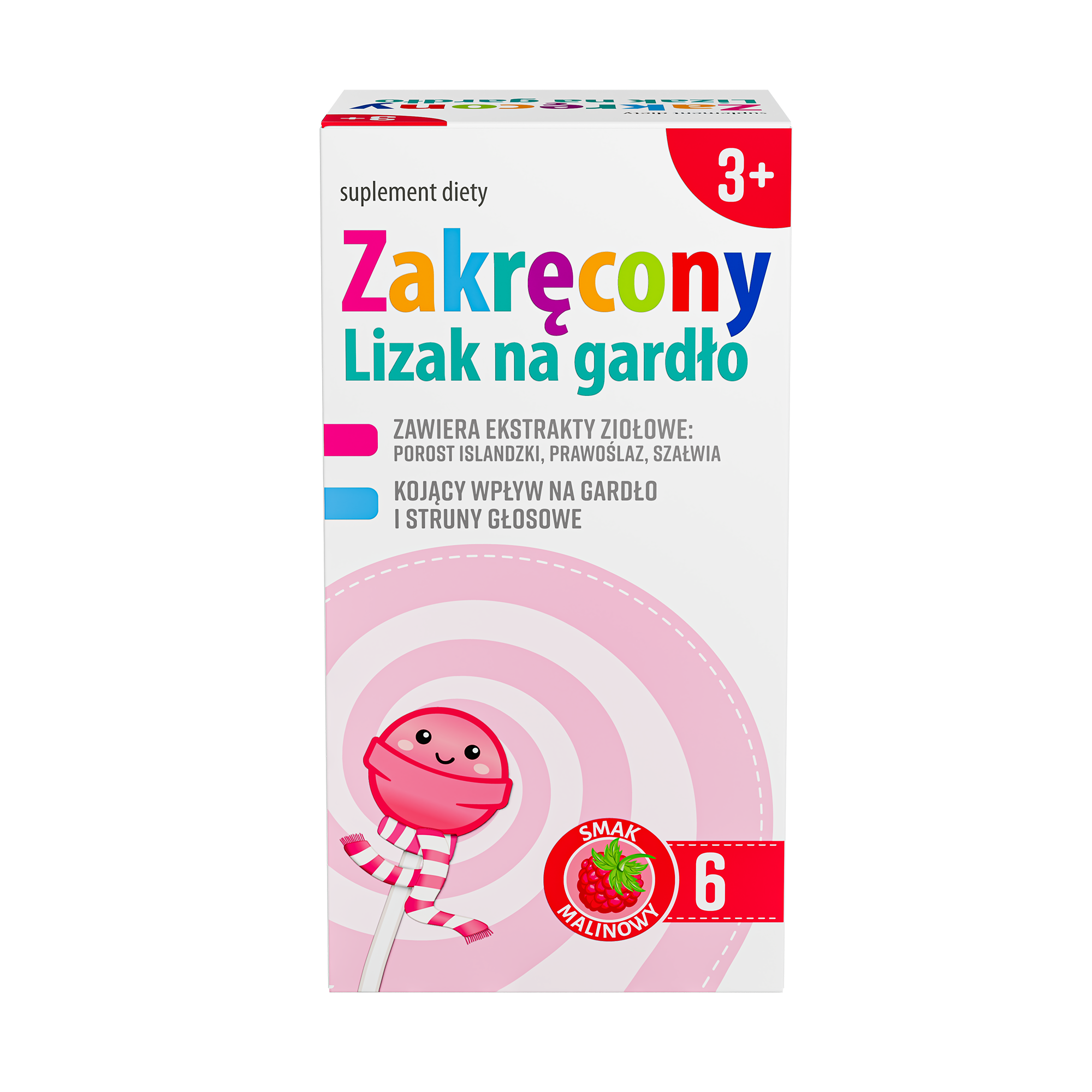 Zakręcony lizak na gardło, smak malinowy, 6 sztuk zdjęcie