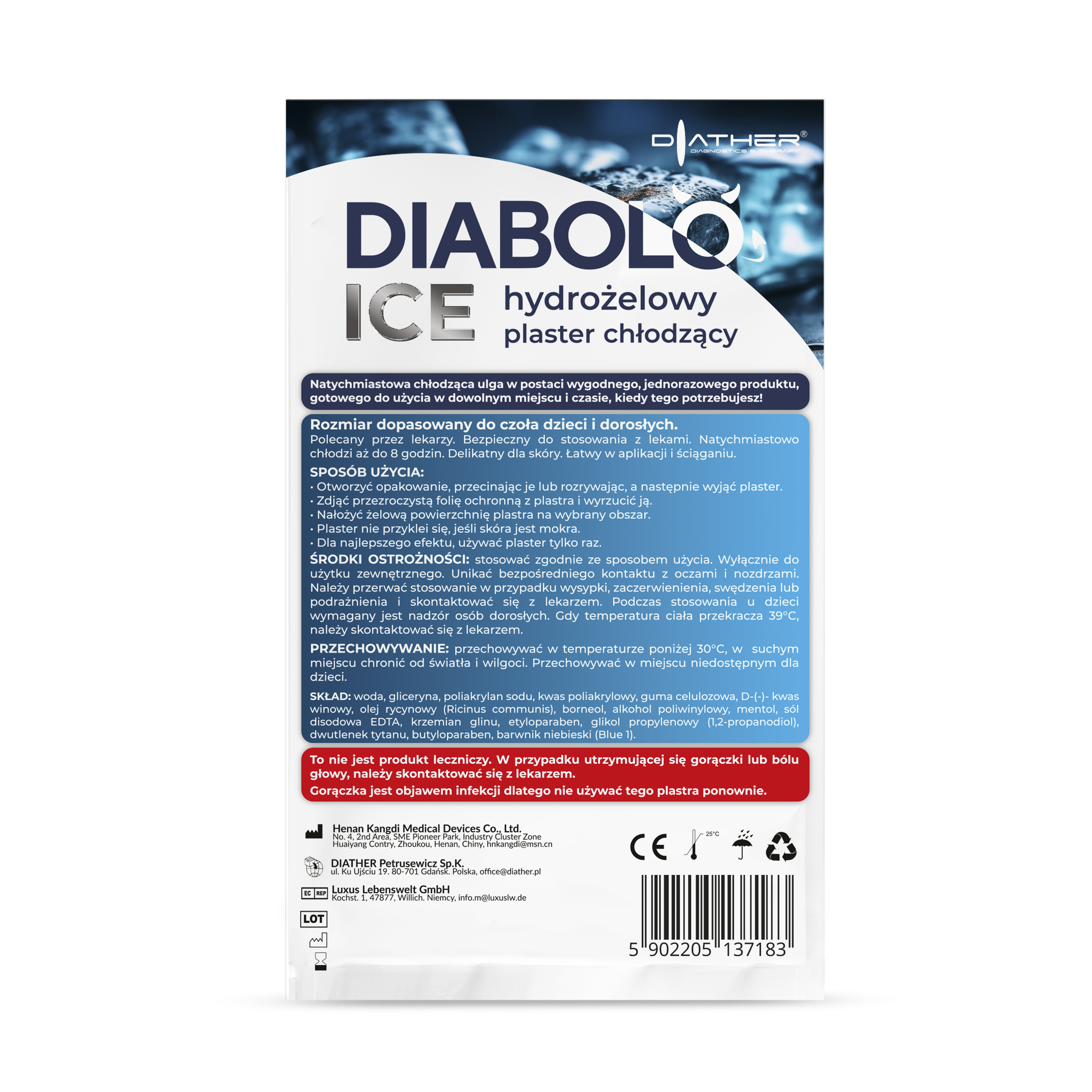 Diather, Diablo Ice, hydrożelowy plaster chłodzący, 1 sztuka