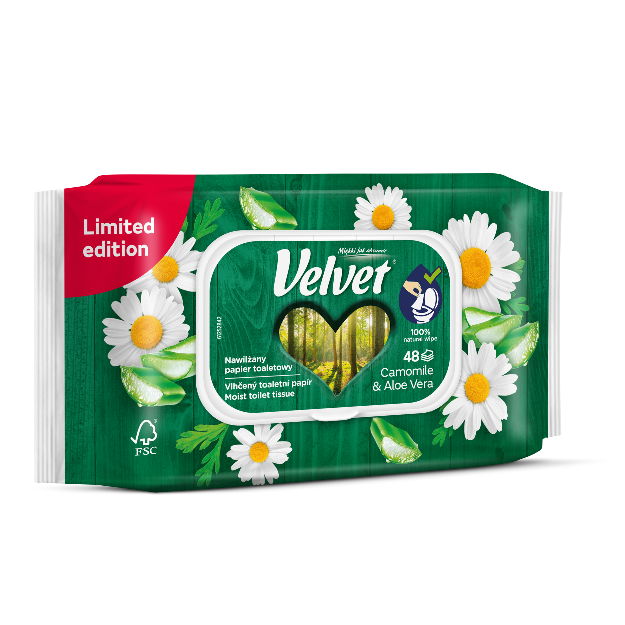 Velvet Rumianek i Aloes, Nawilżany papier toaletowy, 48 sztuk
