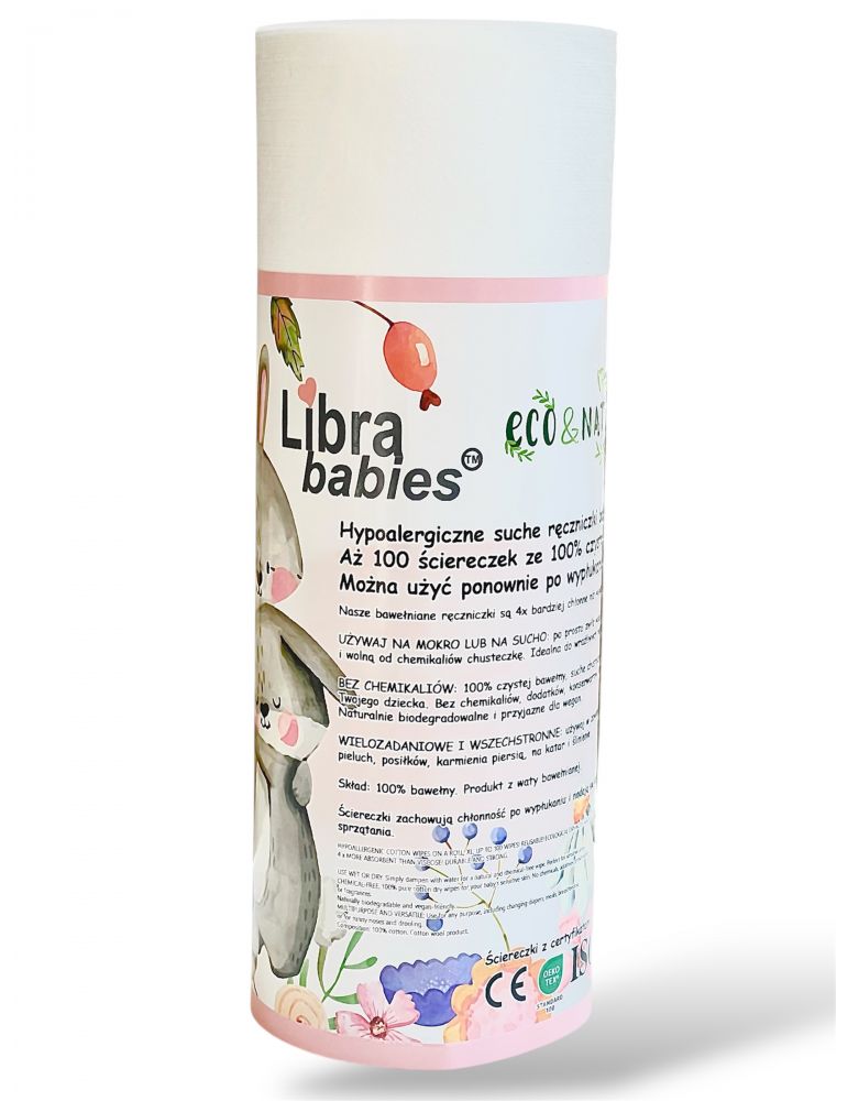Libra Babies, Hypoalergiczne ręczniczki XL 100% bawełna, na rolce, 100 sztuk zdjęcie