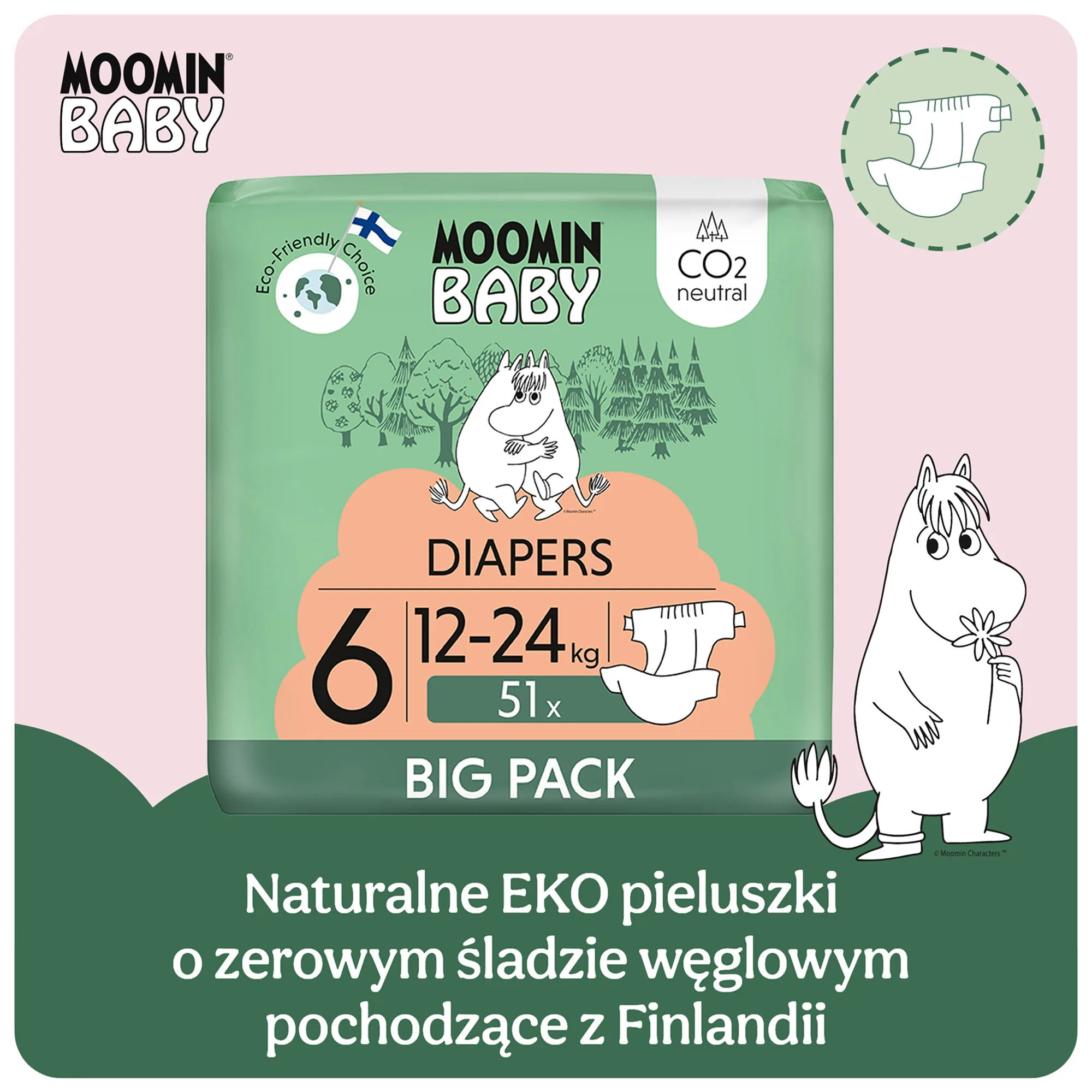 MOOMIN BABY pieluszki ekologiczne 6 (12-24kg) 51 sztuk