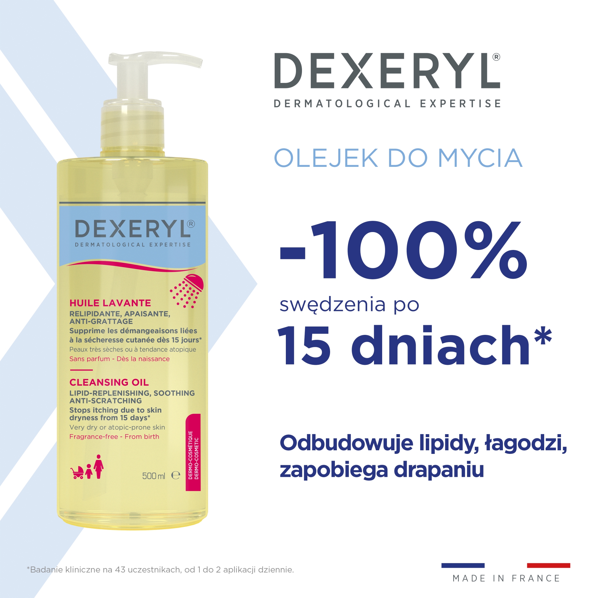 Dexeryl Dermokosmetyczny olejek do mycia, uzupełniający lipidy, łagodzący, przeciw drapaniu, 500 ml