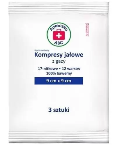 Apteczka ABC kompresy jałowe z gazy 17-nitkowe 12 warstwowe 9 cm x 9 cm 3 sztuki zdjęcie