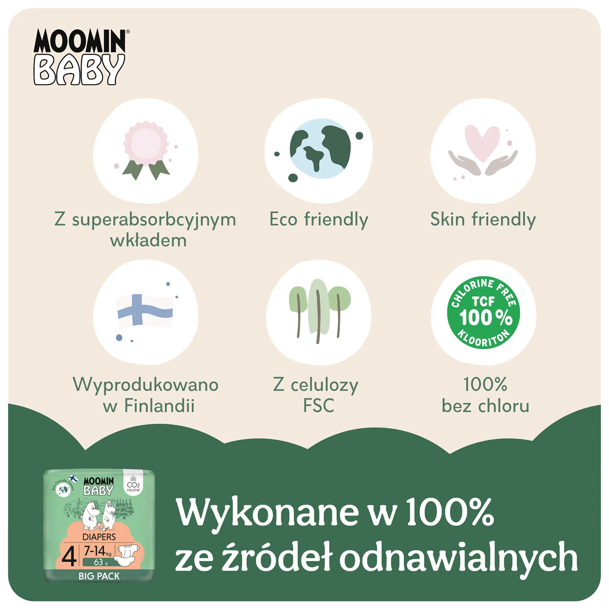 MOOMIN BABY Pieluszki ekologiczne 4 (7-14 kg) 63 sztuki