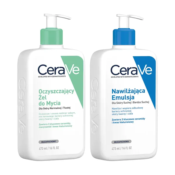 CERAVE Oczyszczający Żel do Mycia z ceramidami dla skóry normalnej i tłustej, 473 ml + CERAVE Nawilżająca emulsja do twarzy i ciała do skóry suchej i bardzo suchej, 473 ml zdjęcie