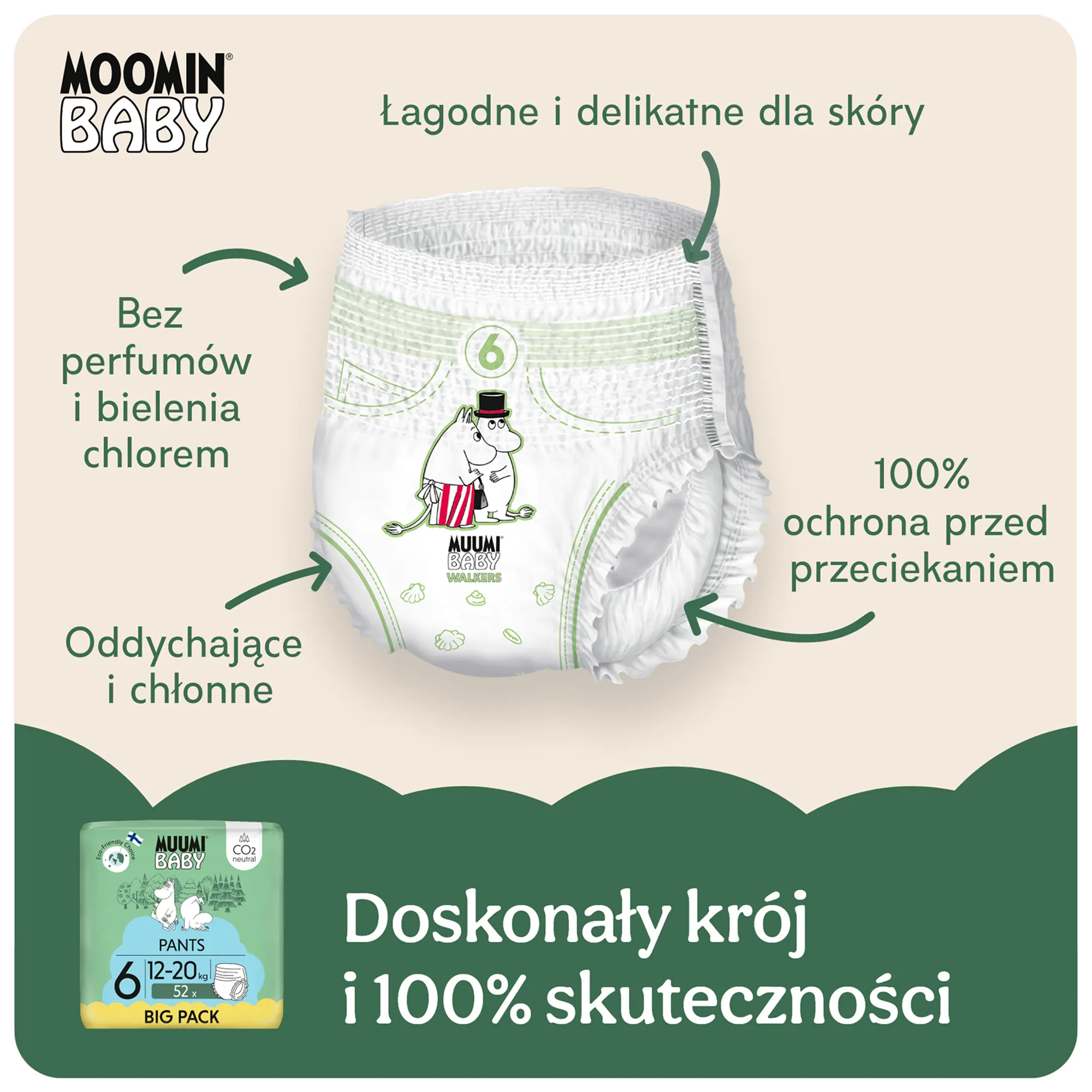 Muumi Baby Pants pieluchomajtki 6 Junior 12-20 kg, 52 sztuki