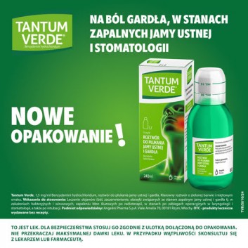 Tantum Verde płyn 1,5 mg/ml, na stany zapalne jamy ustnej i ból gardła, roztwór do płukania jamy ustnej i gardła, 240 ml