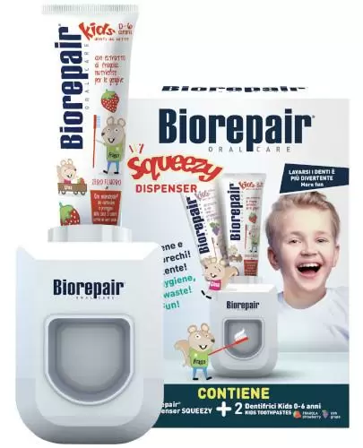 Biorepair Squeezy dozownik do pasty dla dzieci + Biorepair Junior Kids 0-6 lat pasta do zębów 2 x 50 ml [ZESTAW] zdjęcie