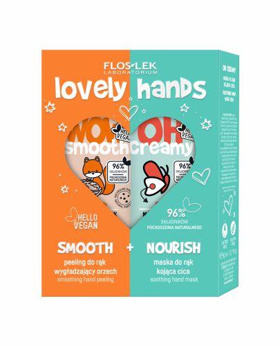 FLOSLEK Wzmacniająca kuracja do rąk w 2 krokach, Smooth peeling do rąk wygładzający orzech, 50 g, Nourish Maska do rąk kojąca cica, 50 ml zdjęcie