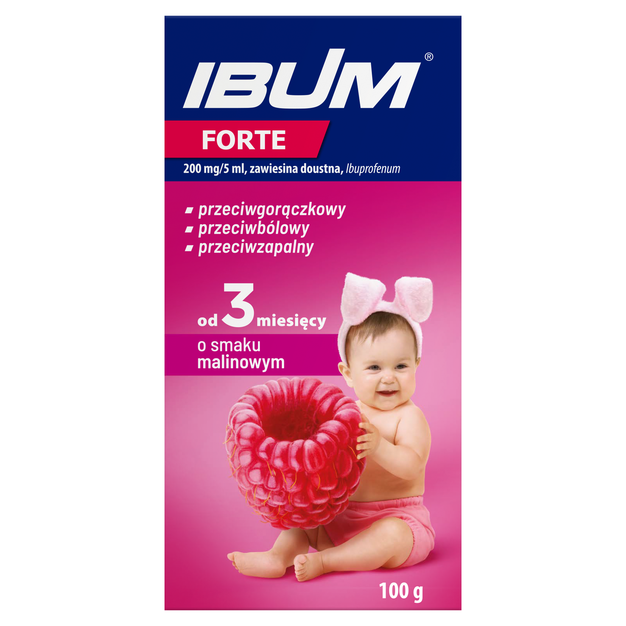 Ibum forte, 200 mg/5 ml, zawiesina doustna o smaku malinowym, 100 ml zdjęcie