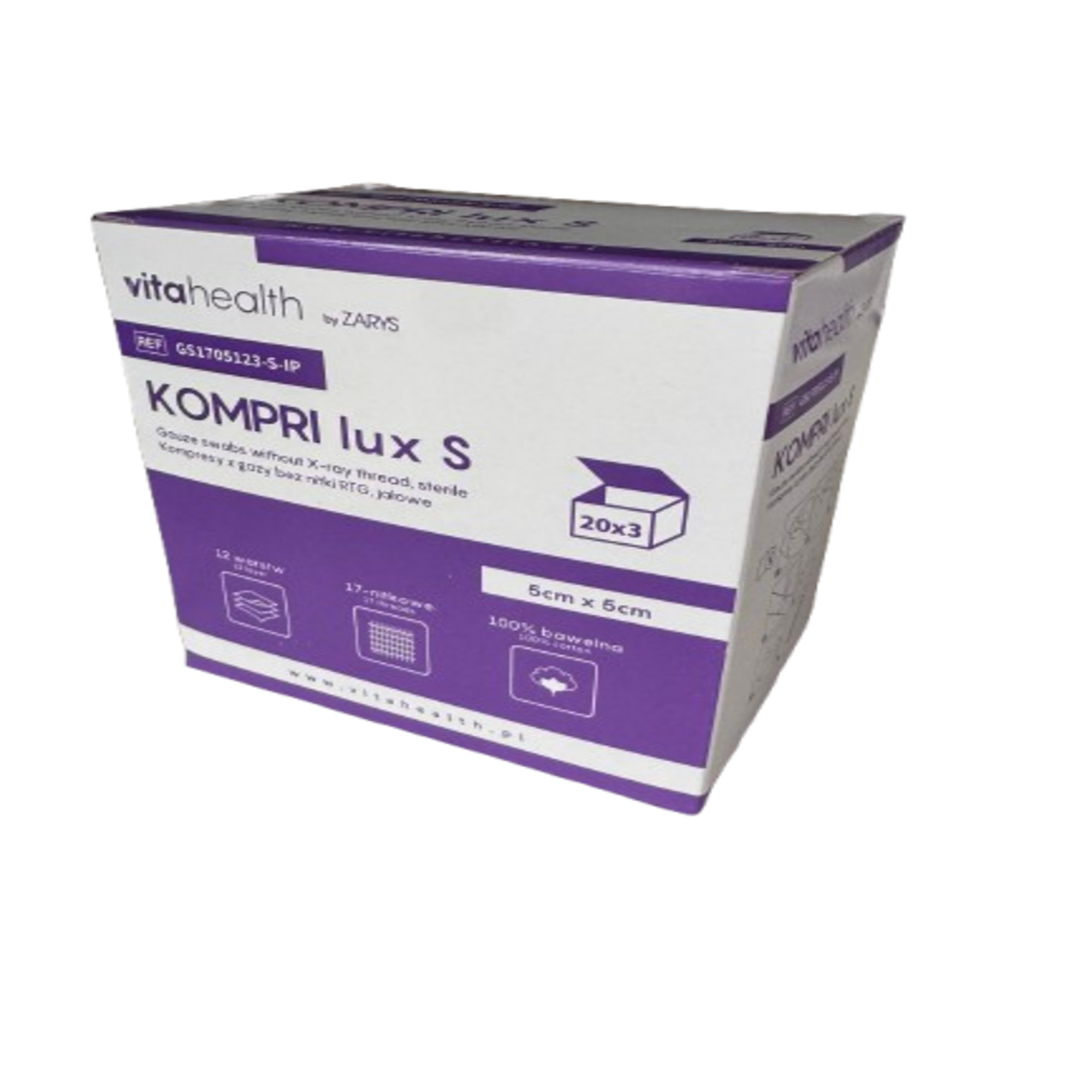 Kompresy jałowe (IP) KOMPRI LUX S z gazy 17N 12W 5cmx5cmx3szt, 20 szt zdjęcie