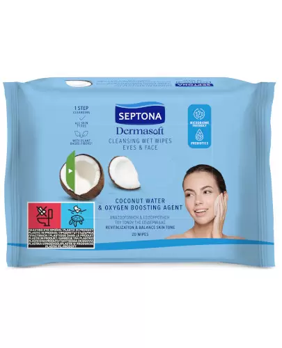 Septona Dermasoft chusteczki oczyszczające do twarzy i oczu z wodą kokosową i środkiem dotleniającym 20 sztuk zdjęcie