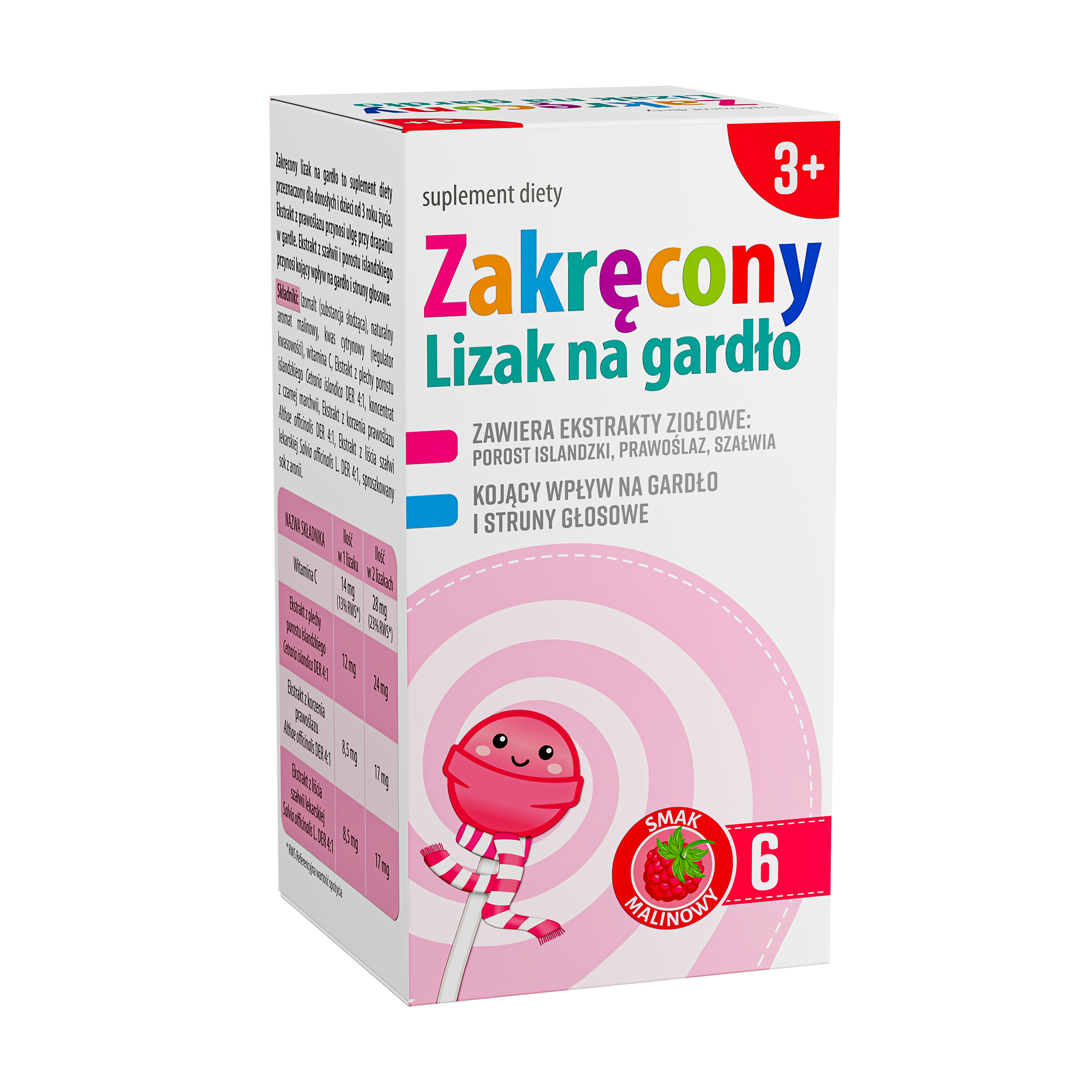 Zakręcony lizak na gardło smak malinowy, 6 sztuk