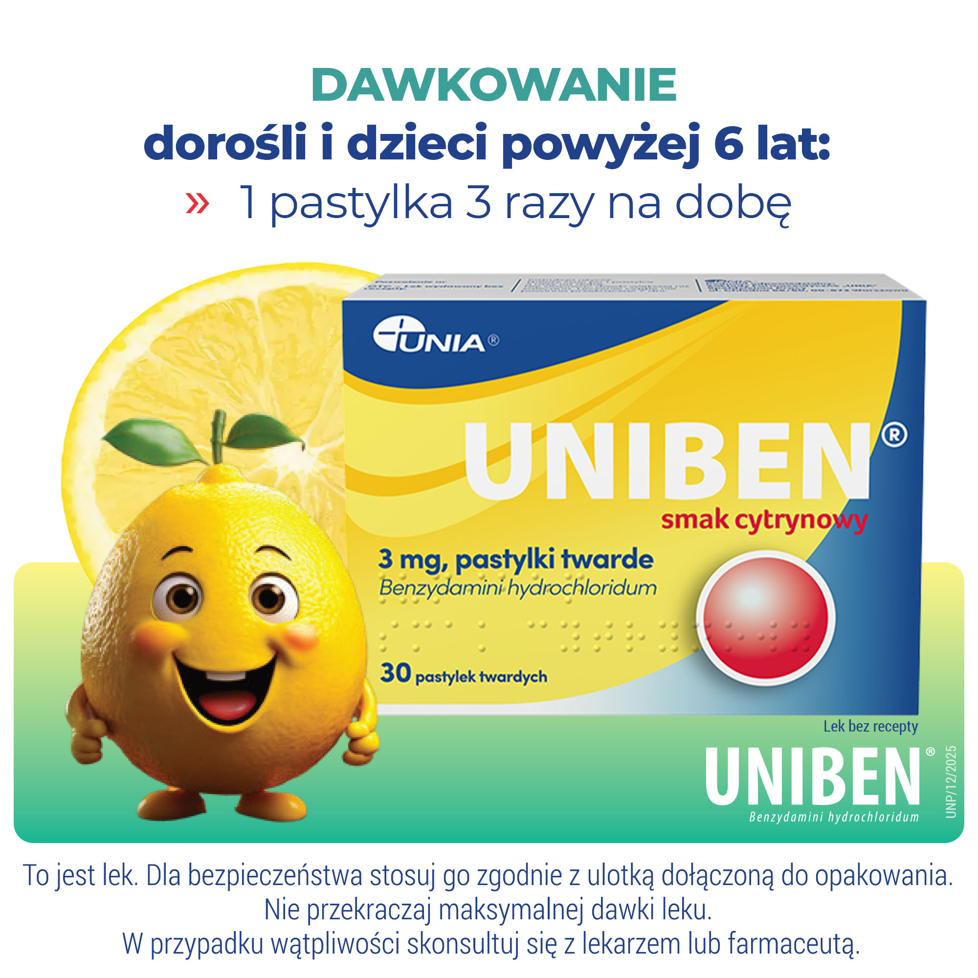 Uniben smak cytrynowy, 3 mg, pastylki twarde, 30 sztuk