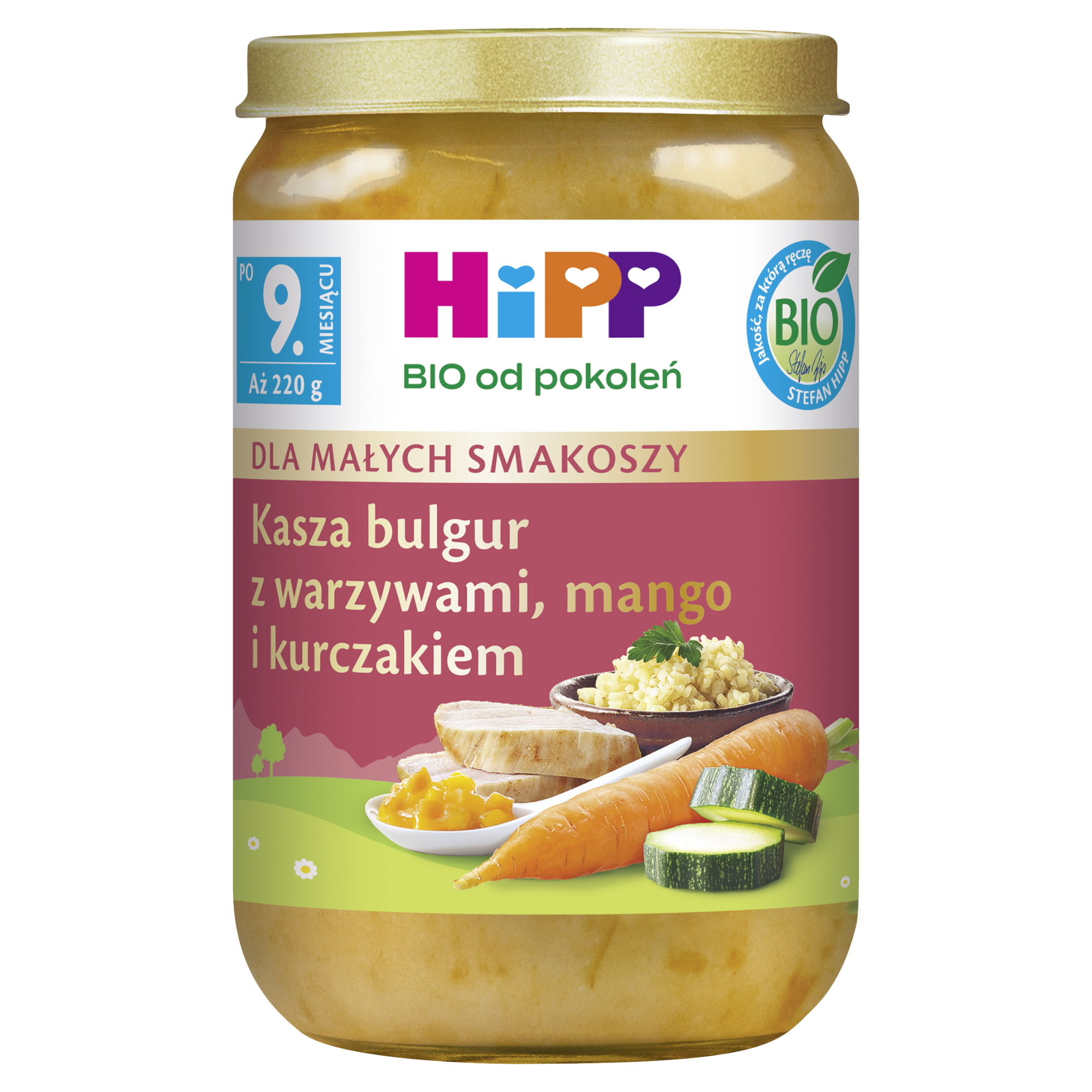 HiPP BIO od pokoleń, Kasza bulgur z warzywami, mango i kurczakiem, po 9. m-cu, 220 g, cena, opinie, właściwości  zdjęcie