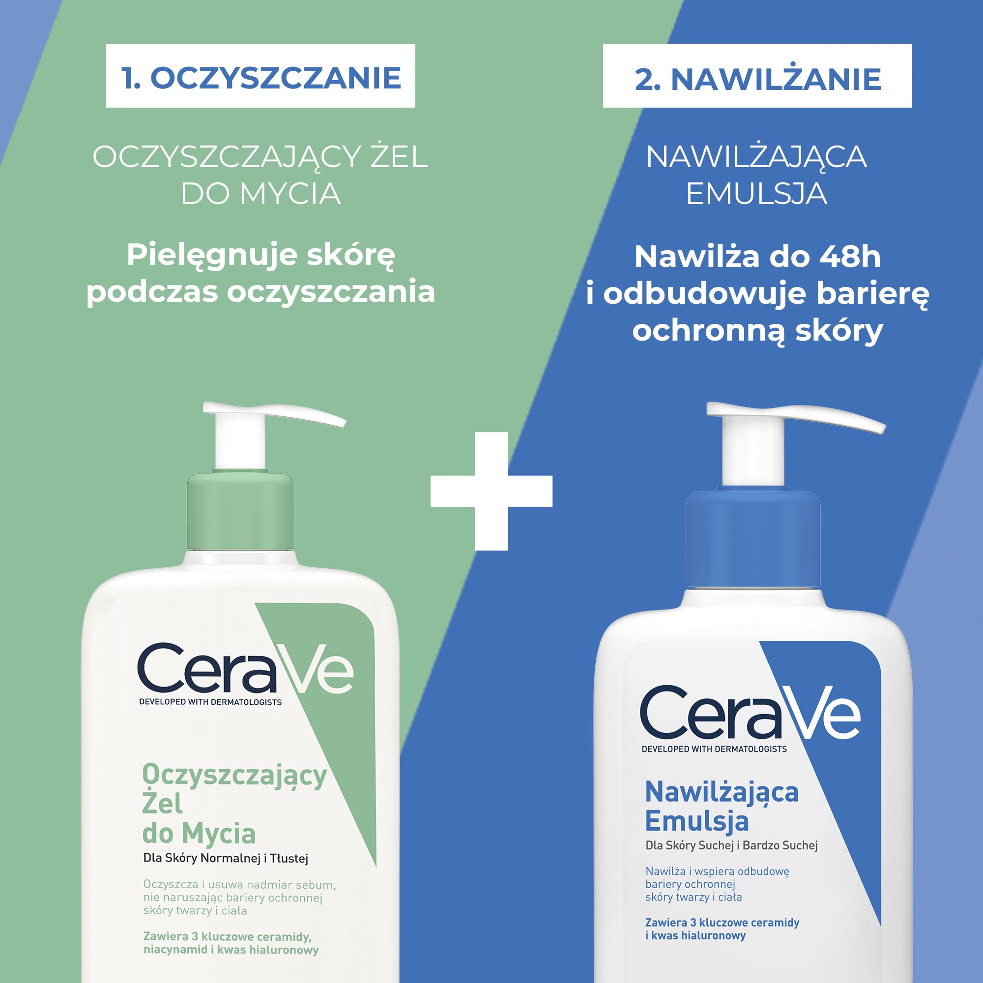 CERAVE Oczyszczający Żel do Mycia z ceramidami dla skóry normalnej i tłustej, 473 ml + CERAVE Nawilżająca emulsja do twarzy i ciała do skóry suchej i bardzo suchej, 473 ml
