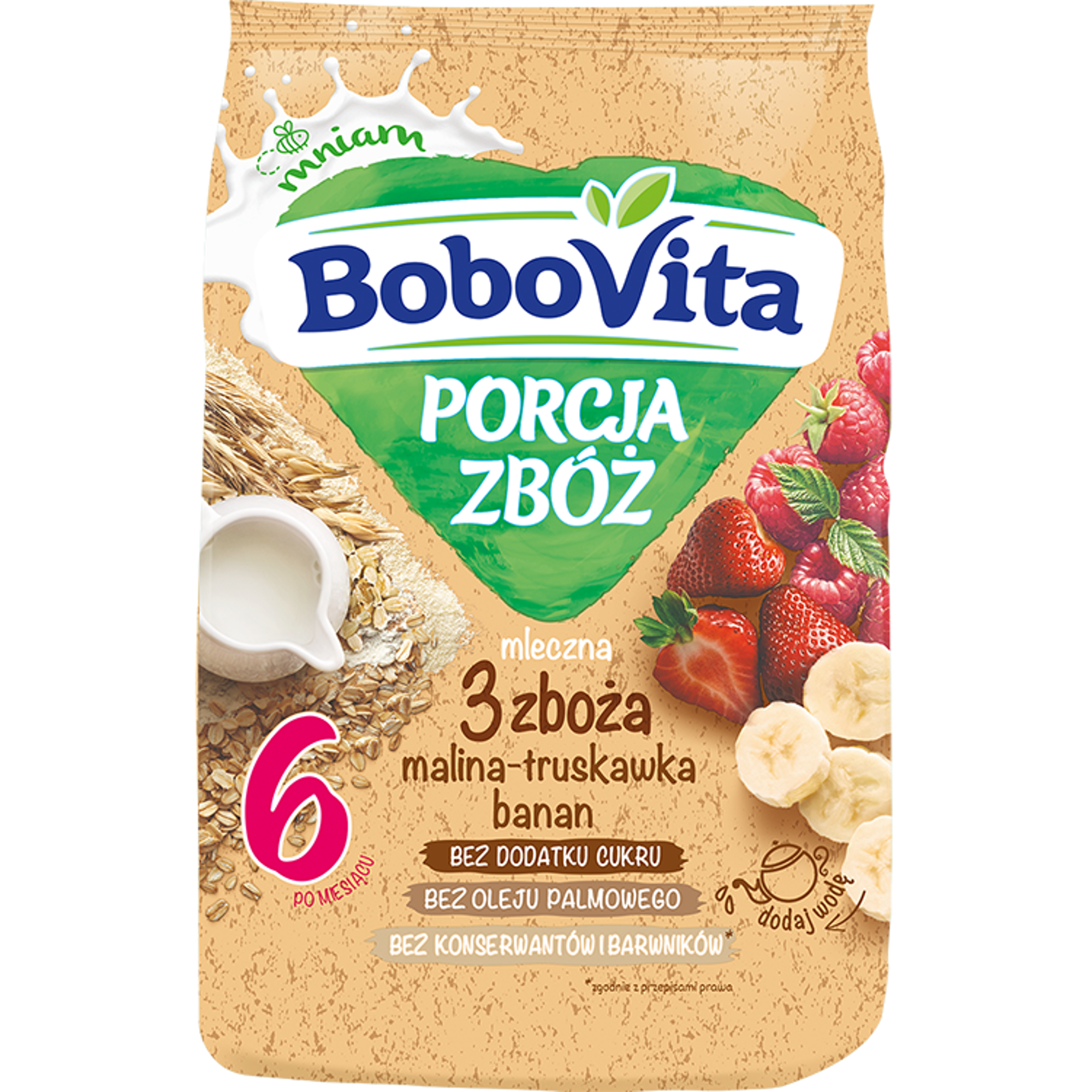 BOBOVITA PORCJA ZBÓŻ Kaszka mleczna 3 zboża, malina-truskawka-banan, po 6 miesiącu, 210 g  zdjęcie