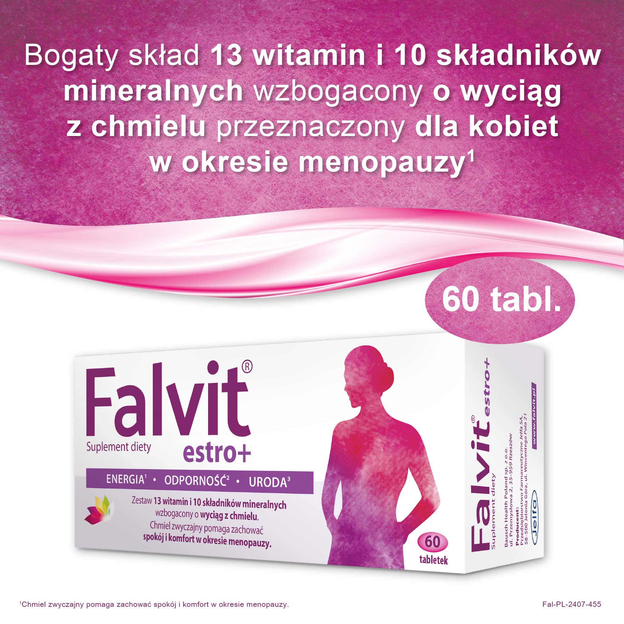 Falvit Estro+ wzbogacony o wyciąg z szyszek chmielu, torebki, 60 sztuk