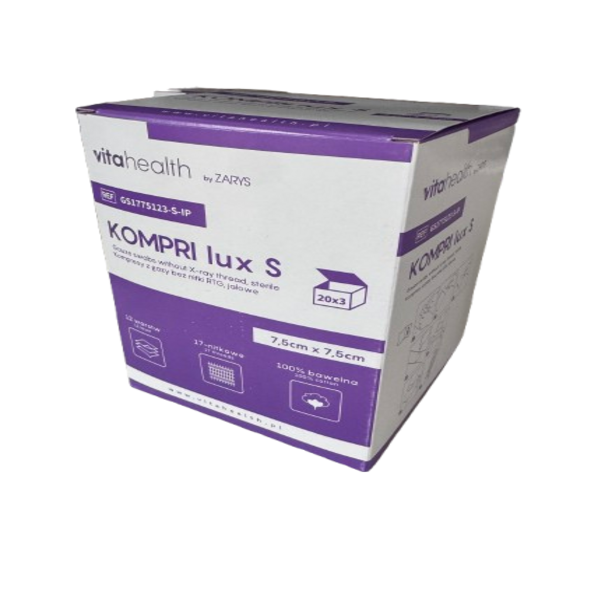 Kompresy jałowe (IP) KOMPRI LUX S z gazy 17N 12W 7,5cmx7,5cmx3szt, 20 szt zdjęcie