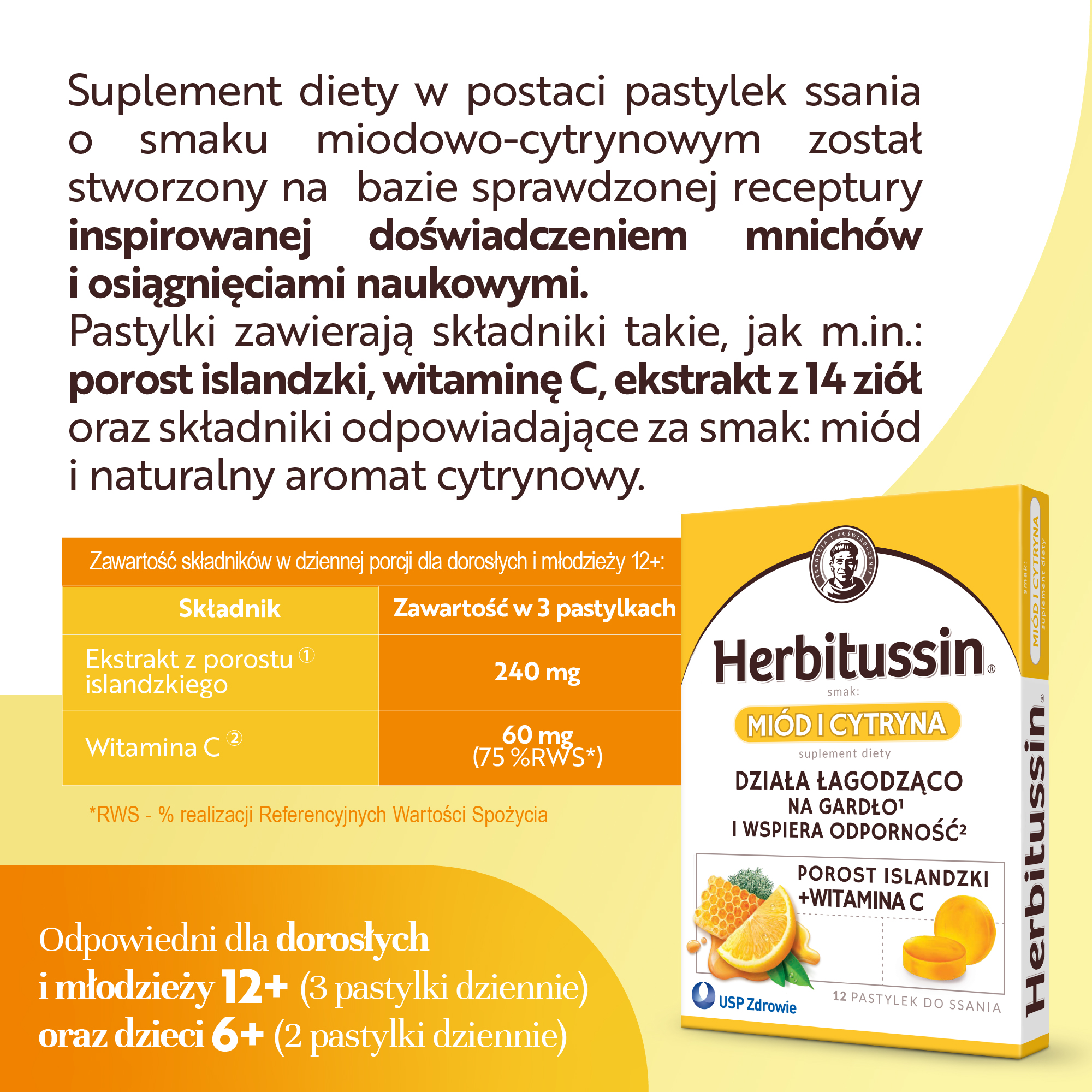 Herbitussin Miód i Cytryna porost islandzki + witamina C 12 pastylek do ssania