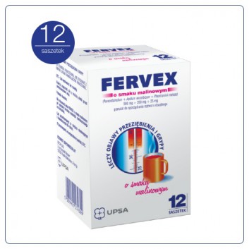 Fervex 500 mg + 25 mg + 200 mg lek na objawy przeziębienia i grypy smak malinowy 12 saszetek