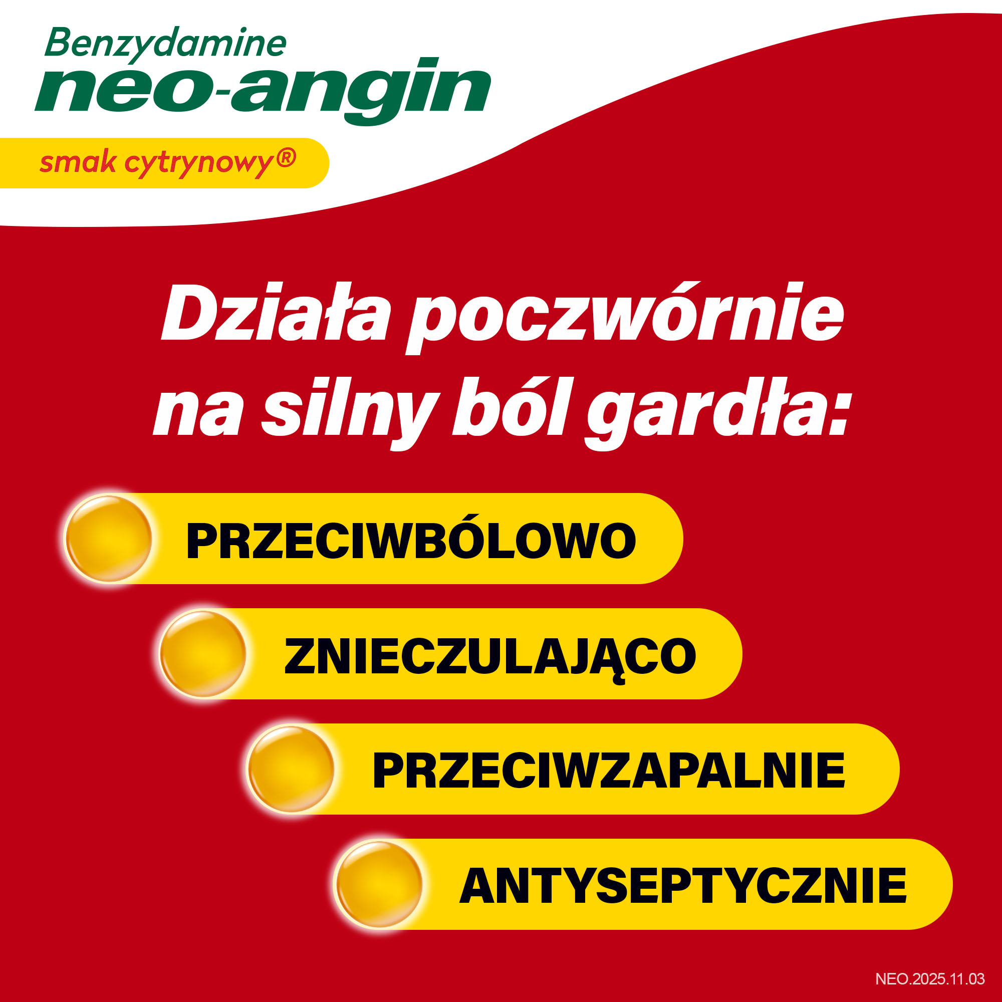 Benzydamine Neo-Angin 3 mg, smak cytrynowy, pastylki twarde, 20 sztuk