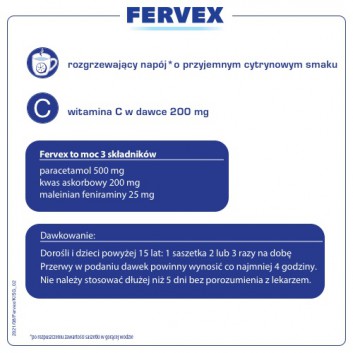 Fervex 500 mg + 25 mg + 200 mg lek na objawy przeziębienia i grypy smak cytrynowy 12 saszetek