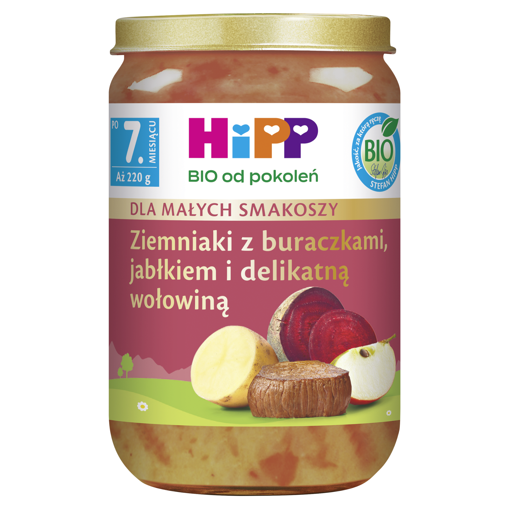 HiPP BIO od pokoleń, Ziemniaki z buraczkami, jabłkiem i delikatną wołowiną, po 7. m-cu, 220 g zdjęcie