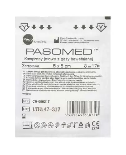 PasoMed kompresy jałowe z gazy bawełnianej 17 nitek 8 warstw 5x 5cm, 3 sztuki zdjęcie
