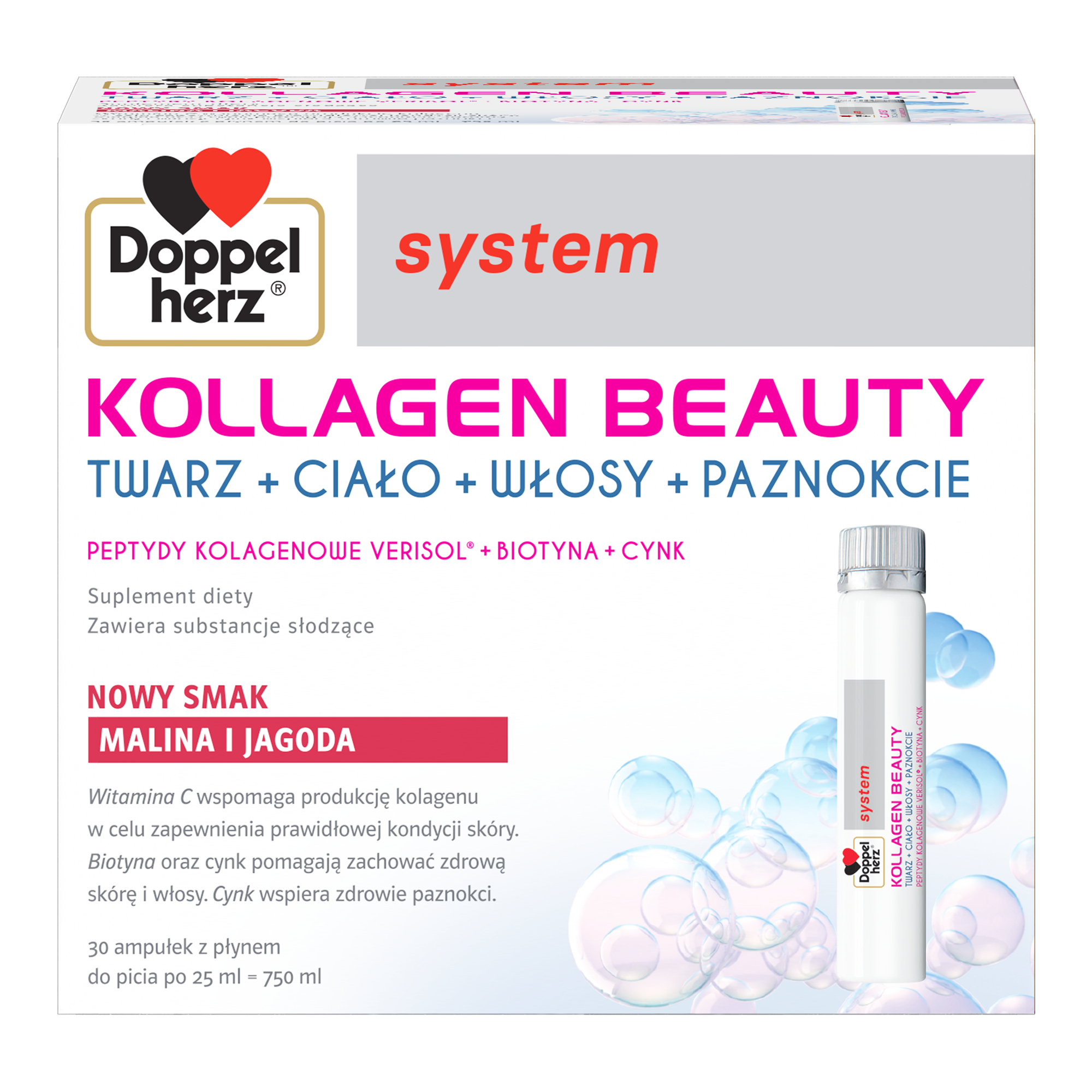 Doppelherz System Kollagen Beauty, płyn, smak malina i jagoda, ampułki, 25 ml x 30 sztuk zdjęcie
