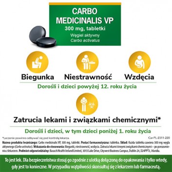 Carbo Medicinalis VP, 300 mg, węgiel aktywny w tabletkach, 20 sztuk